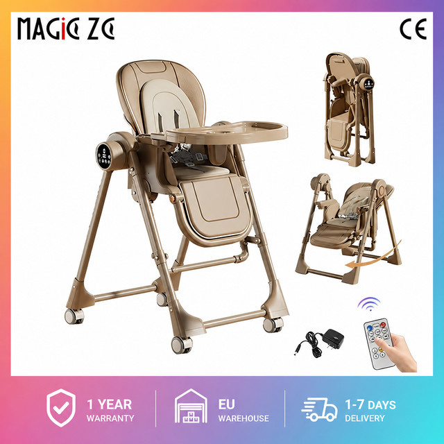 Tragbarer elektrischer 2-in-1 Baby-Schaukelstuhl von Magic ZC in Weiß und Beige mit klappbarem Design und lebensmittelechtem PP-Tablett - Bild 1