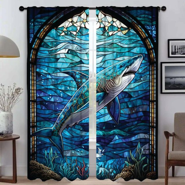 2er-Set Buntglas Meeresleben Verdunkelungsvorhänge in Blau für Wohnzimmer, Schlafzimmer und Küche, Breite: 50 cm, Höhe: 70 cm - Bild 1