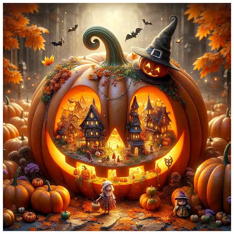 HUACAN 5D DIY Diamantmalerei Kürbis Landschaft Mosaik Set für Halloween Dekoration - Bild 4