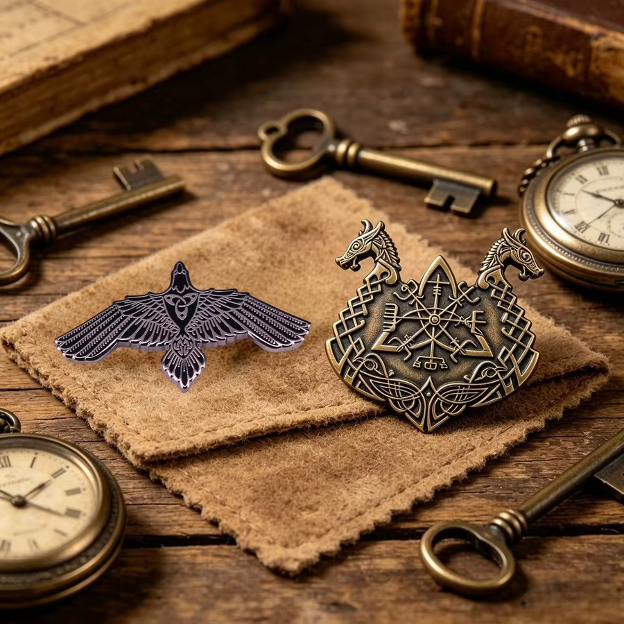 Anstecknadeln Wikinger-Emaille, Odin-Rabe & Vegvisir-Kompass, Unisex - Bild 1
