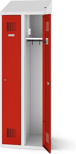 rotstahl Kleiderspind mit 2 Türen und Ladefunktion, Farbe Rot, Korpus Lichtgrau, B: 60 cm, H: 200 cm - Bild 1