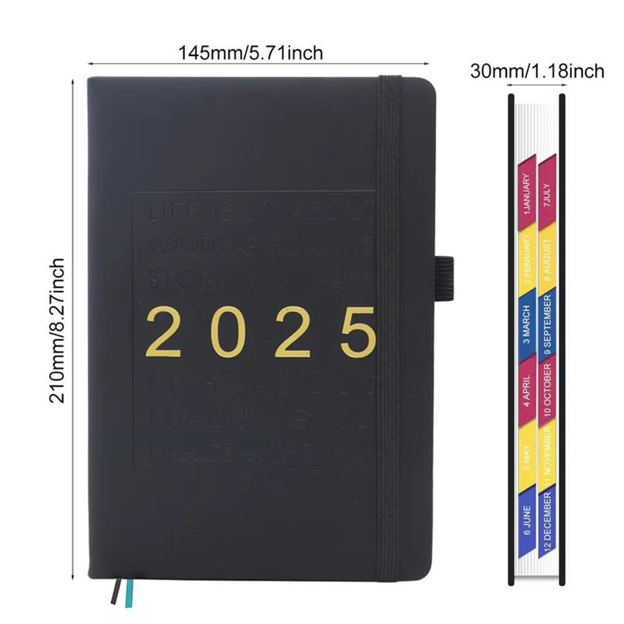 2025 Jahresplaner auf Englisch, 365-Tage-Tagesplaner als Hardcover Notizbuch in Schwarz für Zeitmanagement und Lernziele - Bild 5