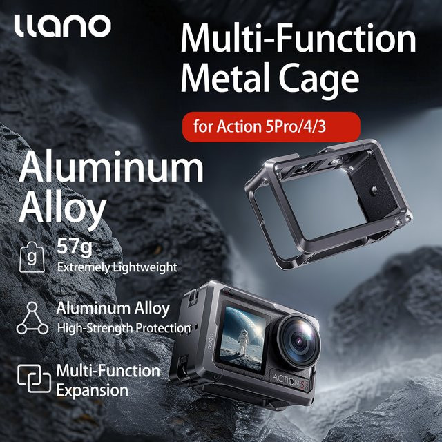 llano CNC Aluminium Schutzrahmen Käfig für DJI Osmo Action 5 Pro, 4 und 3 in Schwarz - Bild 1