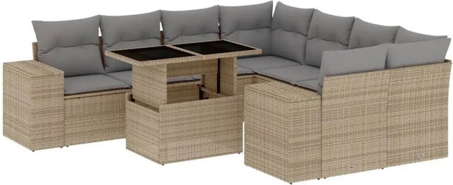 vidaXL 9-tlg Garten-Sofagarnitur aus Poly-Rattan in Beige mit UV-beständigen Kissen und Metallrahmen - Bild 1