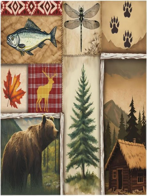 Rustikale Vintage Tischdecke von JMG Household Supplies mit Naturmotiven wie Elch, Hirsch und Bären, Rechteckig, Mehrfarbig, B/B: 140 x 200 cm - Bild 1