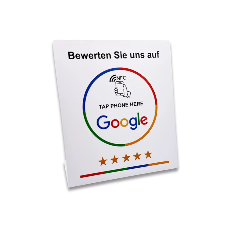 Guang Hongrun NFC Tap-Karten-Ständer für Google Bewertungen in Weiß mit 4 Sprachversionen Deutsch Französisch Spanisch Englisch als Tischdisplay für Restaurants - Bild 2