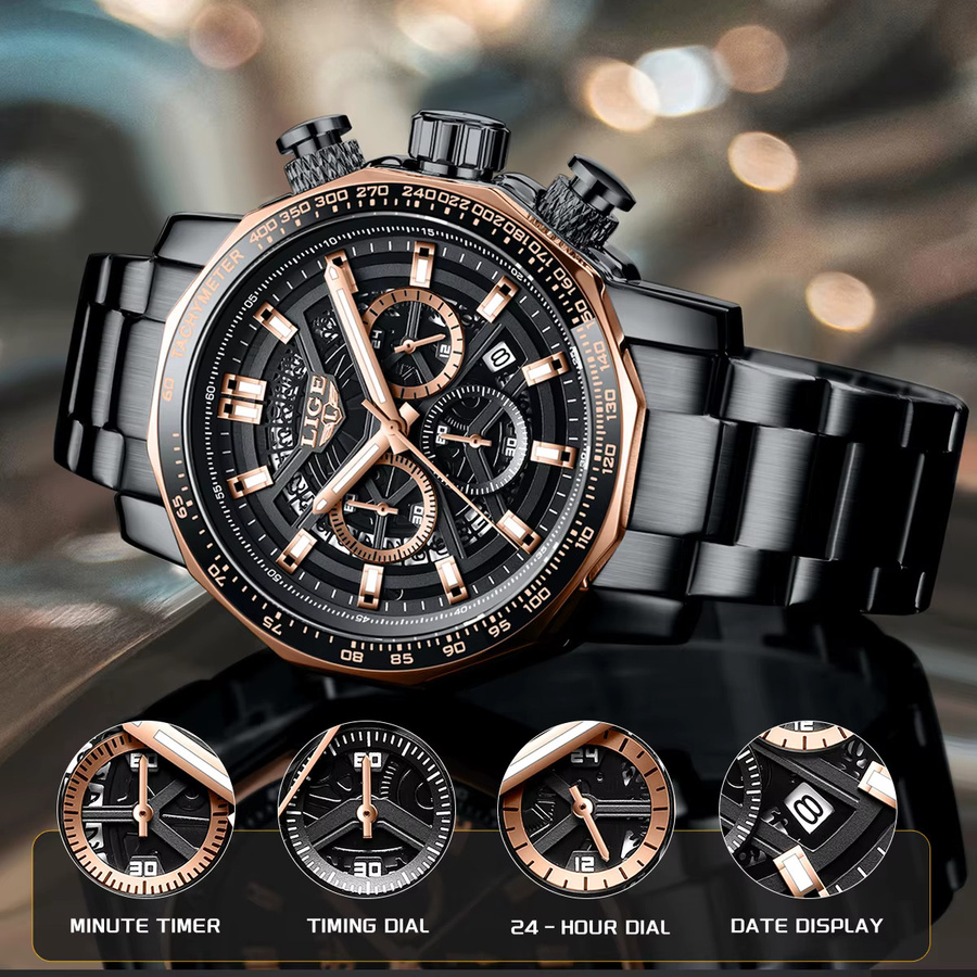LIGE Armbanduhr Quarz, Edelstahl, Schwarz, Herren - Bild 6