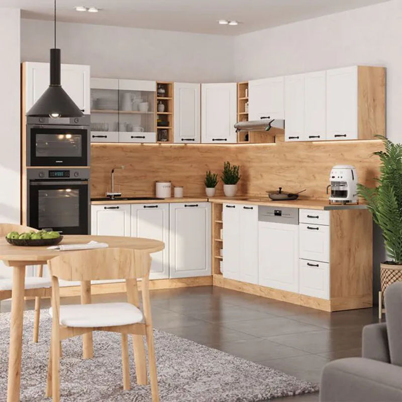 Vicco Eckküche R-line in Weiß Landhaus und Goldkraft Eiche ohne Arbeitsplatte B: 237 cm, T: 60 cm - Bild 1