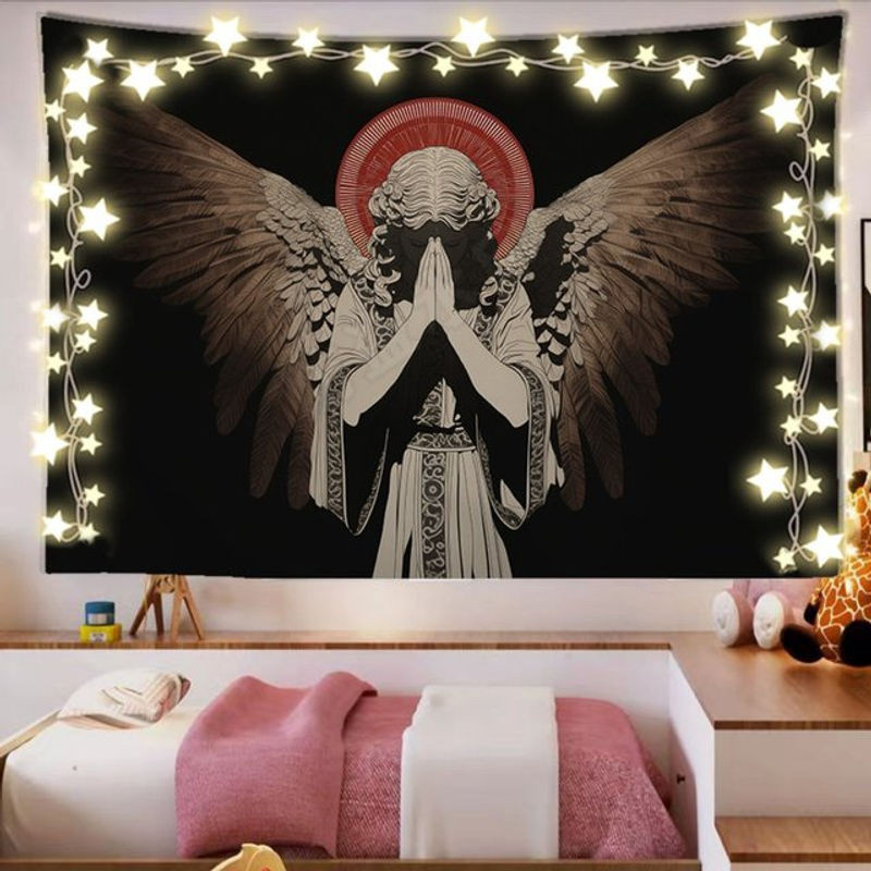 VIKAMA Retro-Engel Wandteppich mit Porträt-Druck in Schwarz und Rot, Vintage Wanddekoration aus Textil, B: 90 cm, H: 60 cm - Bild 1