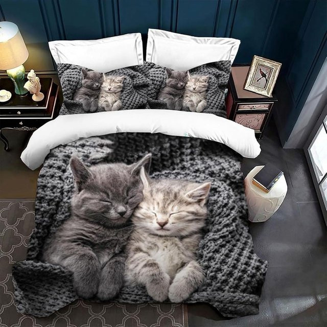 JMG Household Supplies Bettwäscheset mit Katzenmuster in Grau, 3-teiliges Set aus Mikrofaser bestehend aus einem Bettbezug mit Reißverschluss und 2 Kissenbezügen, B/H: 90 x 200 cm - Bild 1