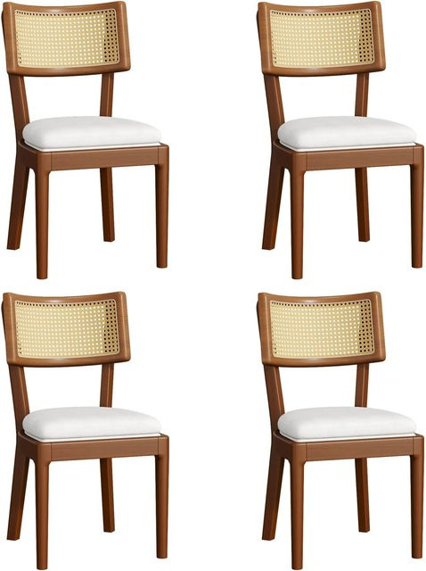 Merax Esszimmerstuhl Set 4 Stück aus Massivholz und Rattan in Nussbaum Braun im Mid-Century Design - Bild 1