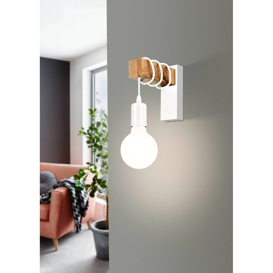 Eglo Wandleuchte Townshend 1-flammig Weiß-Braun E27 10 W Skandi-Design aus Metall und Kiefernholz - Bild 2