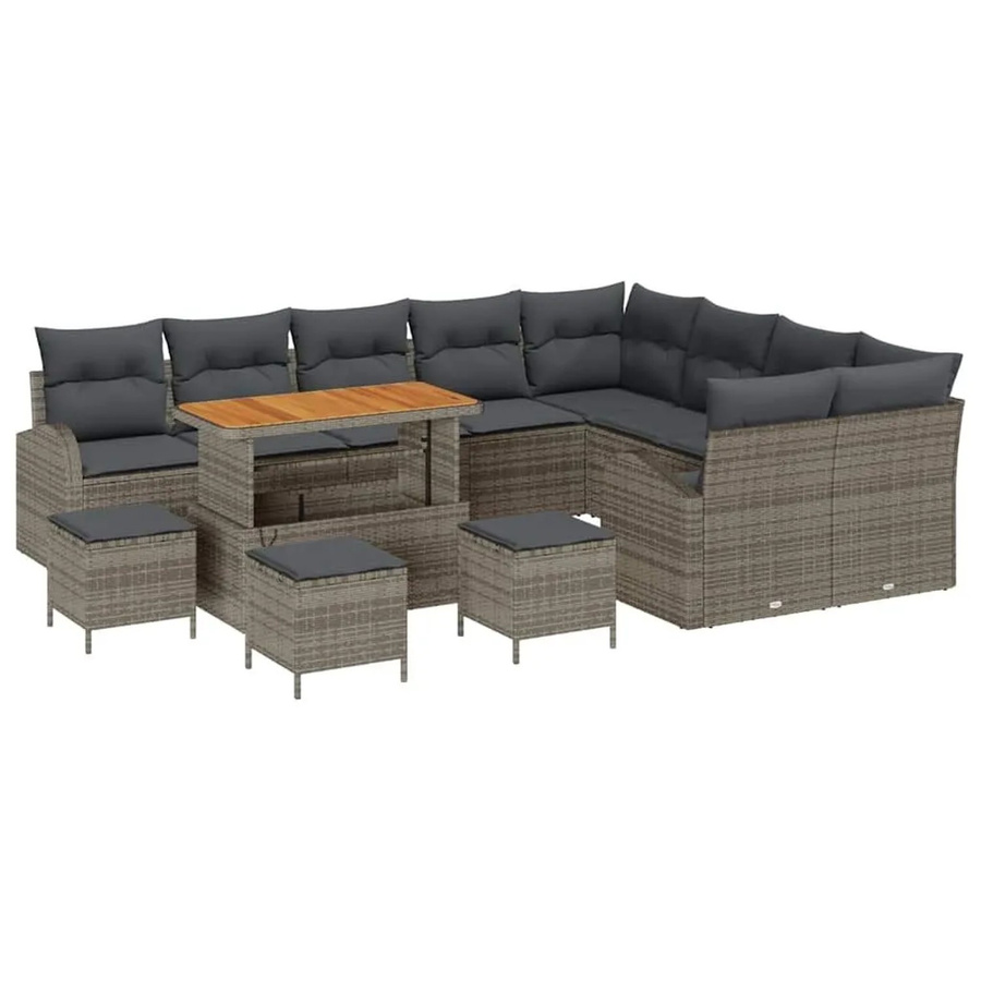 vidaXL Garten-Sofa-Set aus Poly-Rattan und Akazie in Grau mit 13 Teilen, inklusive Kissen und Stauraumfunktion - Bild 2