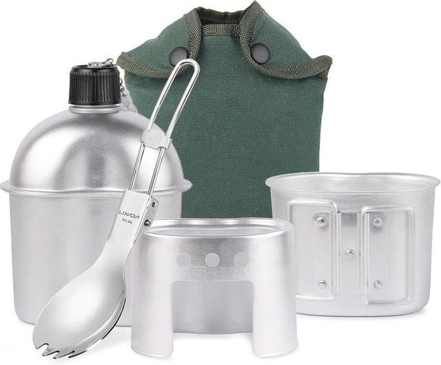 TOMTOP JMS 4-teiliges Kochgeschirr-Set aus Aluminium mit Feldflasche, Tasse, Holzofen, faltbarem Göffel und Schutzhülle in Silber - Bild 1