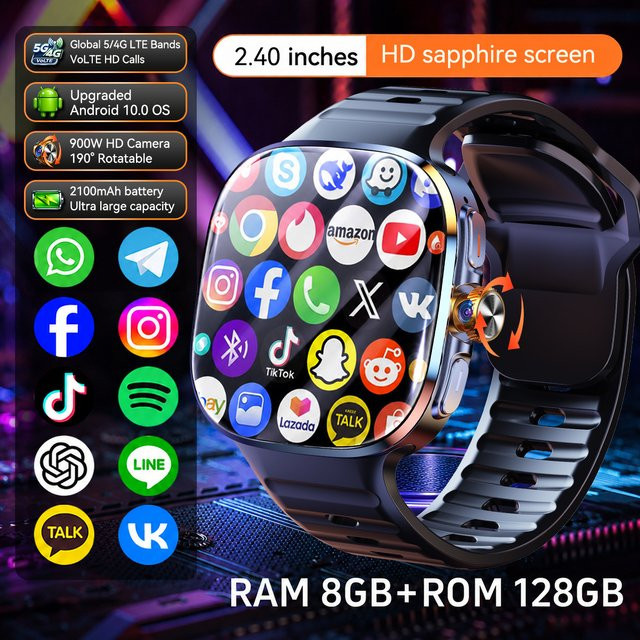 GUHUAVMI Smartwatch mit 2,4 Zoll AMOLED Display, 8GB RAM, 128GB Speicher, 5G/4G, Android 10.0, GPS, WiFi und 2100mAh Akku in Gold oder Schwarz - Bild 1