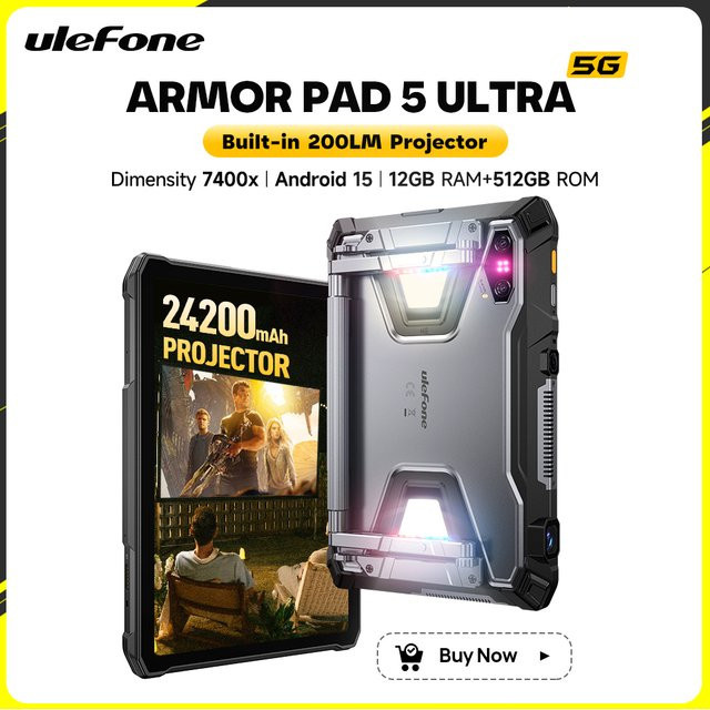 Ulefone Armor Pad 5 Ultra 5G Robustes Tablet mit Projektor, Dimensity 7400x, 12GB RAM, 512GB ROM und 24200mAh Akku mit 120W Blitzladung - Bild 1