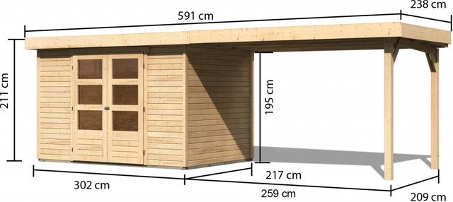Karibu Gartenhaus Askola 4 aus Holz in Natur, B/T/H: 302 x 217 x 280 cm, inklusive Anbaudach - Bild 4