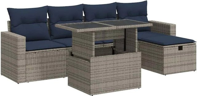 vidaXL 6-teilige Garten-Sofagarnitur in L-Form aus grauem Poly-Rattan mit Kissen und pulverbeschichtetem Stahlgestell - Bild 1