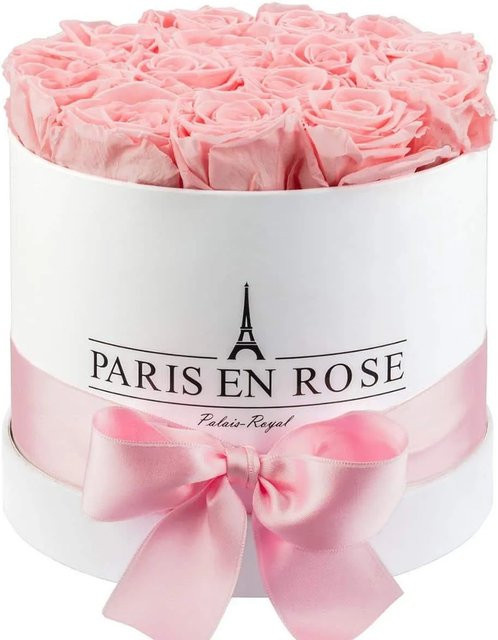 PARIS EN ROSE Rosenbox Weiß mit 14 rosa Rosen und Schleife, Durchmesser: 19 cm - Bild 1