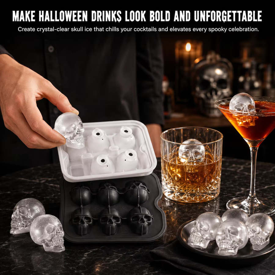 PGY 3D-Silikon-Eiswürfelform mit Totenkopf-Motiv in Schwarz und Grau für Halloween-Partys und Cocktails - Bild 3