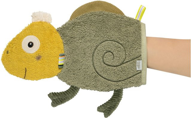 Fehn Waschhandschuh mit Tierdesign in Oliv aus Baumwoll-Frottee mit Aufhängeschlaufe - Bild 1