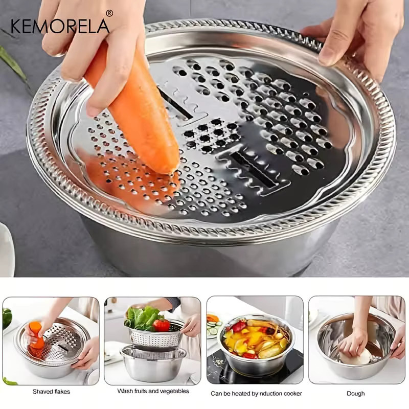 KEMORELA Multifunktionales Küchenwaschbecken aus Edelstahl in Silber, 2er-Set zum Waschen, Mischen und Entleeren von Obst und Gemüse, rund - Bild 3