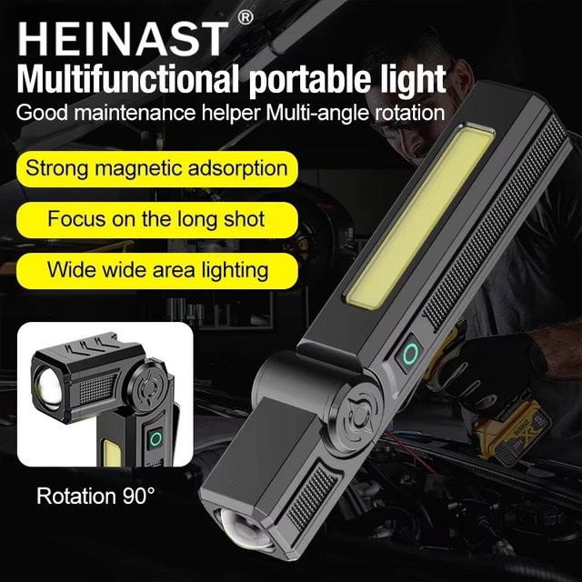 Heinast COB-Taschenlampe mit Magnet und Klappfunktion, wiederaufladbare LED-Arbeitslampe in Schwarz-Rot mit Warnblitzlicht für Camping und Autoinspektion - Bild 1