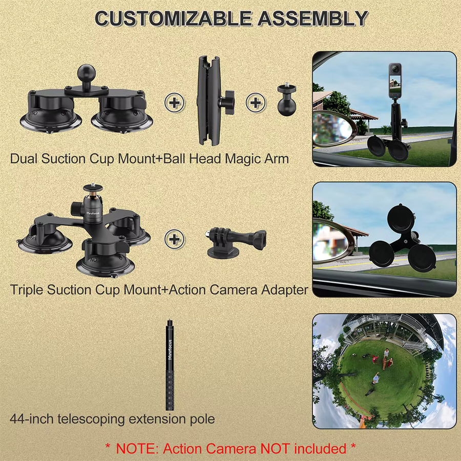 MINIFOCUS 5-in-1 Saugnapf-Autohalterung für Insta360 X4, X3, X2, X, One RS und R sowie GoPro Action-Kameras inklusive Selfie-Stick in Schwarz - Bild 5
