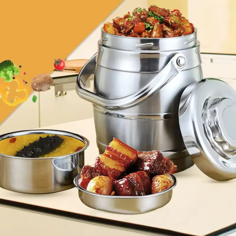 Isolierte Thermos-Lunchbox aus Edelstahl und Glas in Silber, auslaufsichere Thermo-Speisebehälter mit großem Fassungsvermögen und faltbarem Griff - Bild 3