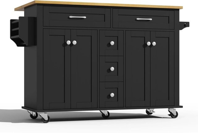 okwish Küchenwagen mit ausklappbarer Arbeitsplatte und Schubladen, Schwarz, B: 140 cm, T: 40-65 cm, H: 89 cm - Bild 1