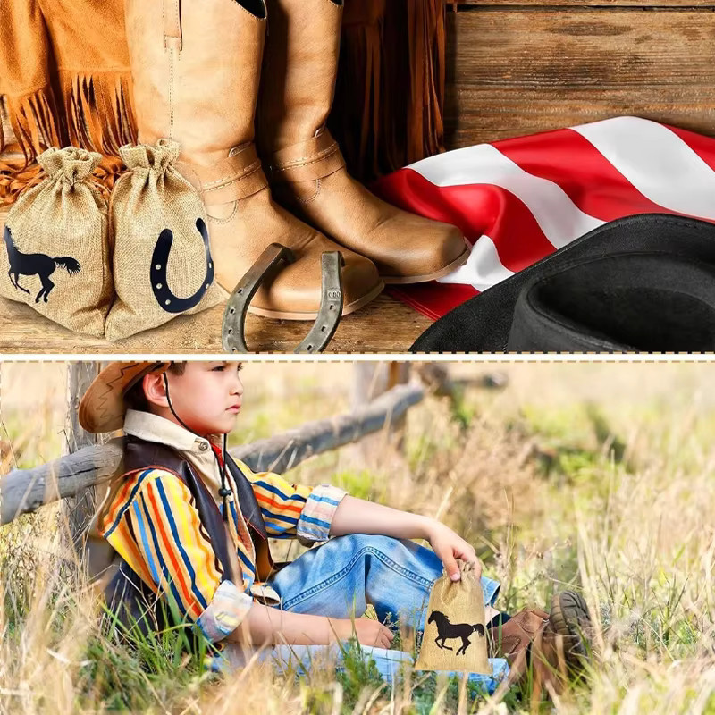 5-teiliges Set Geschenktüten mit Western-Pferd und Hufeisen-Muster von HGDTFF in Beige aus Papier und Jute für deine Cowboy-Geburtstagsparty - Bild 3