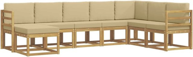 vidaXL Outdoor-Sofagarnitur L-Form aus Akazienholz mit 8 Kissen in Weiß und Beige - Bild 1