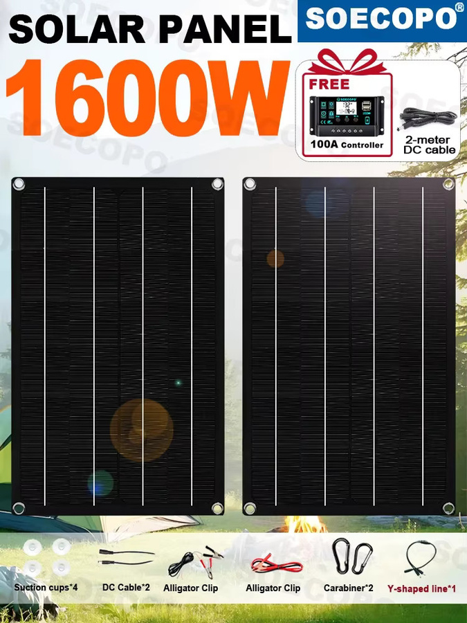 SOECOPO 1600 W Tragbares Solarpanel-Set in Schwarz, 18 V, inklusive 2 flexible Solarmodule und 100-A-Controller für Camping - Bild 7