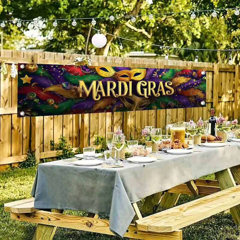 OURFETE Mardi Gras Party Banner Dekoration mit Federmasken-Motiv, Mehrfarbig, B: 200 cm, H: 45 cm - Bild 3