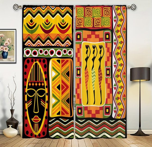 2er-Set Yiran Furniture Vorhänge mit afrikanischem Ethno-Muster in Bunt, halbtransparente Stammesdruck-Vorhänge mit Stangentaschen, Breite: 135 cm, Höhe: 185 cm - Bild 1