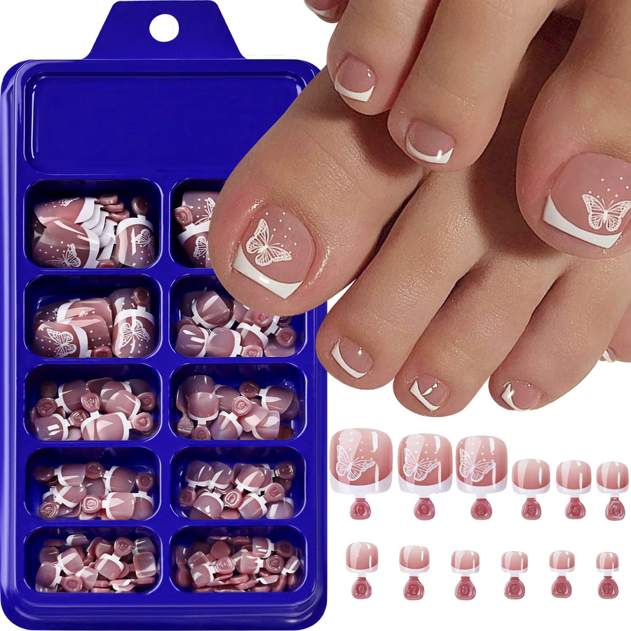 HotPress Künstliche Zehennägel, 120 Stück, Nude-Rosa, Schmetterlings-French-Tips, Glänzend - Bild 3