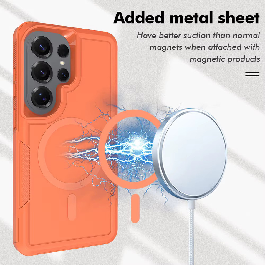 Stoßfeste Armor Schutzhülle mit Dual Layer PC und TPU sowie Magnetfunktion für Samsung S26 Ultra, S25 Edge und S24 Plus FE in Schwarz und Orange - Bild 3