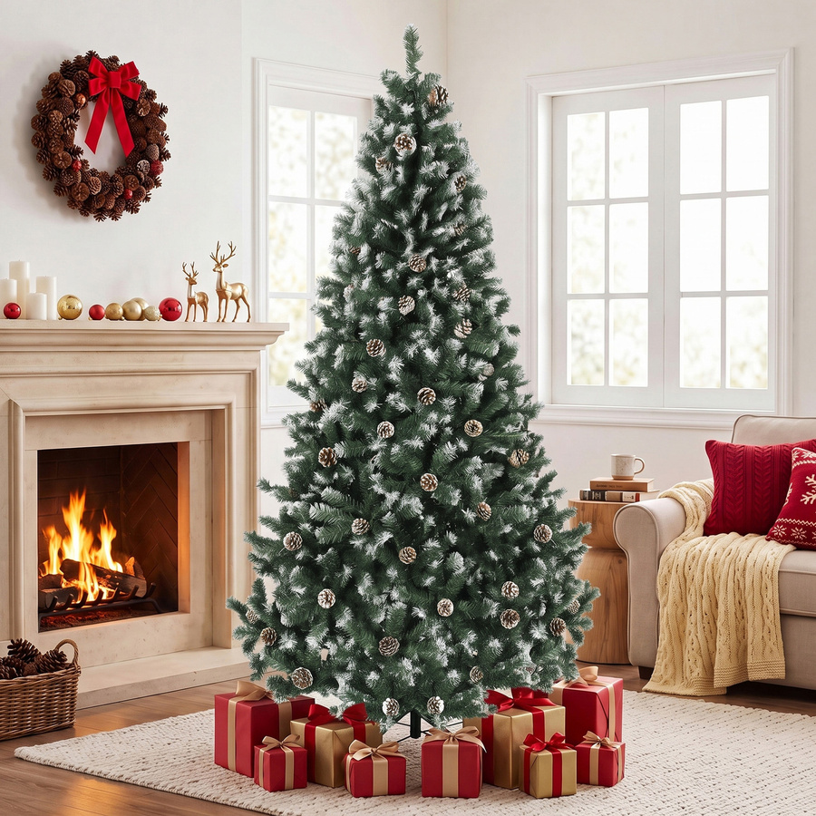 HOMCOM Weihnachtsbaum Grün, 210 cm künstlicher Weihnachtsbaum mit 998 schneebedeckten Zweigen und Zapfen inklusive klappbarem Ständer - Bild 2