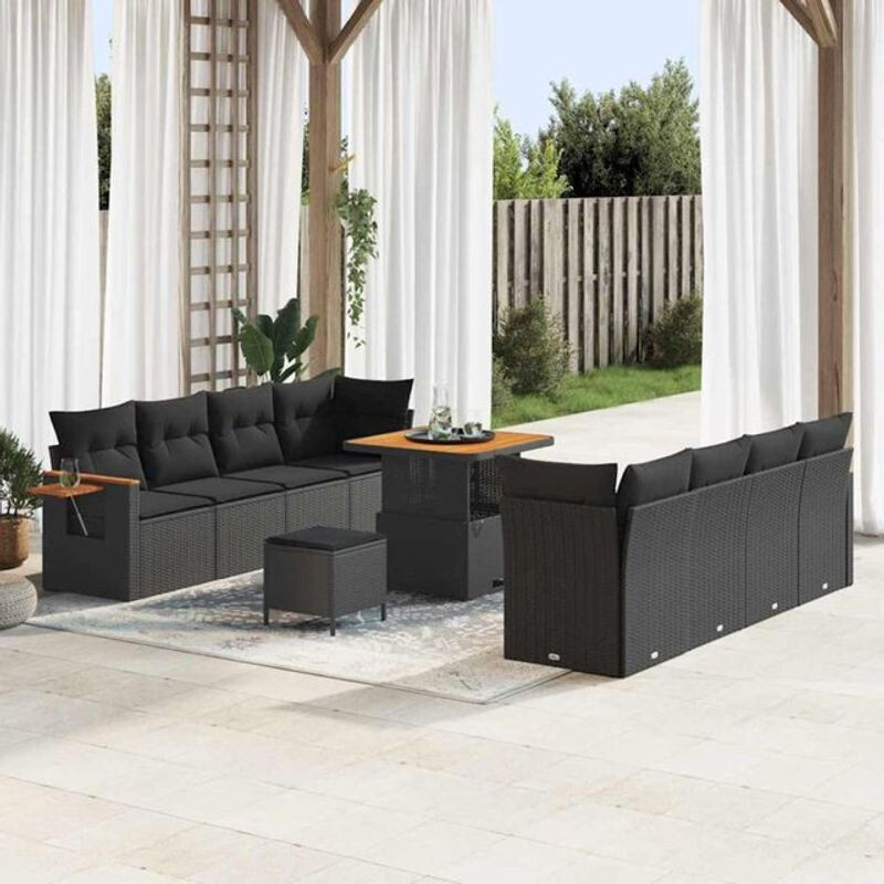 Vidaxl Garten-Sofa-Set aus Polyrattan mit 11-teiligem Kissen-Set in Schwarz, modernes Loungemöbel-Set aus Polyrattan und Stahl, B/T/H: 80 x 80 x 71 cm - Bild 1