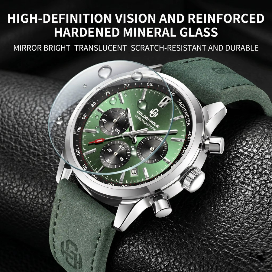 GOLDENHOUR Chronograph, Herren, Grün, Quarz, Leder, wasserdicht - Bild 3