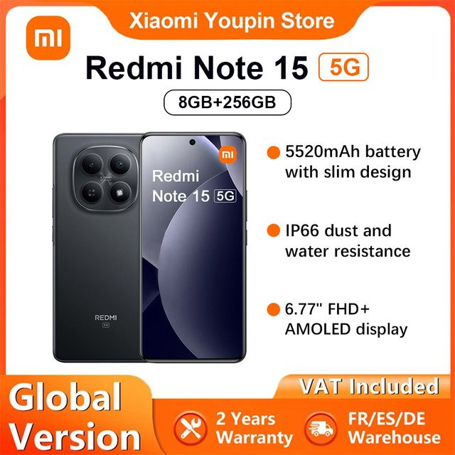 Xiaomi Redmi Note 15 5G Smartphone Globale Version in Schwarz mit 6,77 Zoll FHD Display, Snapdragon 6 Gen 3, 108MP Kamera, 5520mAh Akku, 45W Ladefunktion und NFC - Bild 1