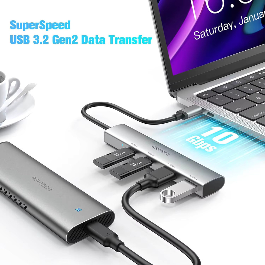 RSHTECH 4-Port USB-C 3.2 Gen 2 Hub mit 2 USB-C und 2 USB-A Anschlüssen, 10Gbps, tragbarer Aluminium USB-Verteiler für Laptop und MacBook, Silber - Bild 3