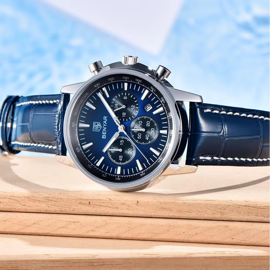 BENYAR Chronograph Armbanduhr, Leder, Quarz, Blau, Herren - Bild 2