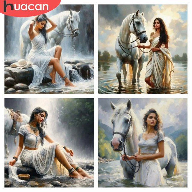HUACAN Diamant-Malerei-Set Pferd und Frau Porträt mit Wasserfall-Landschaft als Mosaik-Wanddekoration, Mehrfarbig - Bild 1