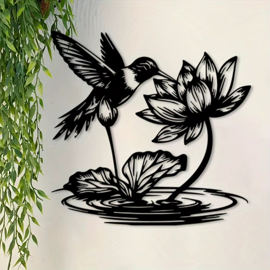 CIFBUY Wandkunst aus rostfreiem Eisen mit Kolibri und Lotus in Schwarz, Vintage Blumen-Dekoration für Innen und Außen, B/H: 30,48 x 30,48 cm - Bild 5