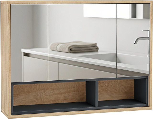 HOMCOM Spiegelschrank für das Badezimmer in Eiche, hängender Wandschrank mit 3 Türen und 8 Fächern, B: 80 cm, T: 20 cm, H: 60 cm - Bild 1