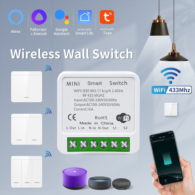 Tuya WiFi Smart Switch 433 MHz Relais Empfänger für 1/2/3 Gang Wandpanel in Weiß mit App-Steuerung und Kompatibilität für Alexa und Google Home - Bild 1