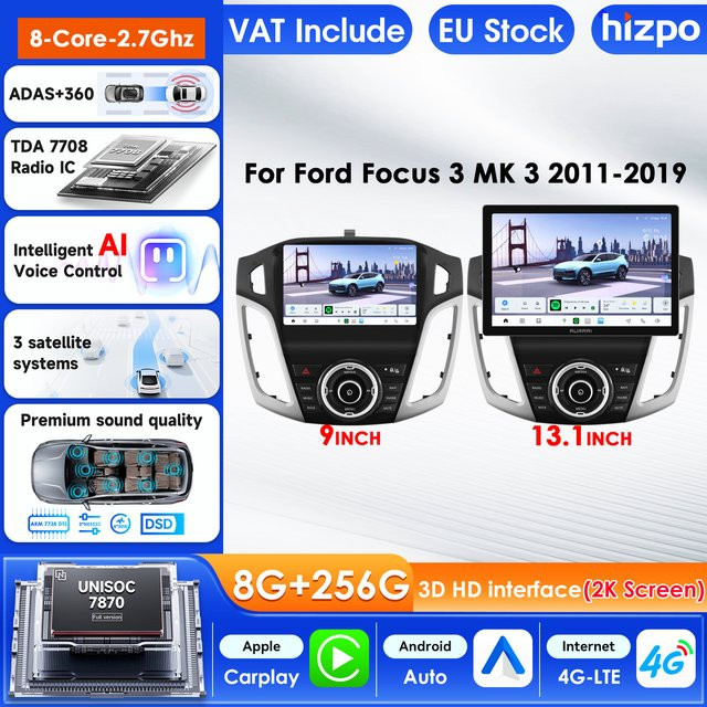 Hizpo 2K Android Auto Multimedia-Player für Ford Focus 3 Mk 3 2011 - 2019, kabelloses CarPlay Stereo in Schwarz - Bild 1