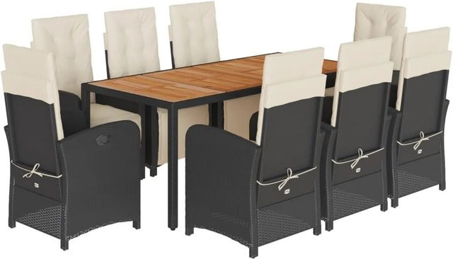 vidaXL 9-teilige Garten-Essgruppe aus Poly Rattan und Akazienholz in Schwarz mit cremeweißen Kissen - Bild 1