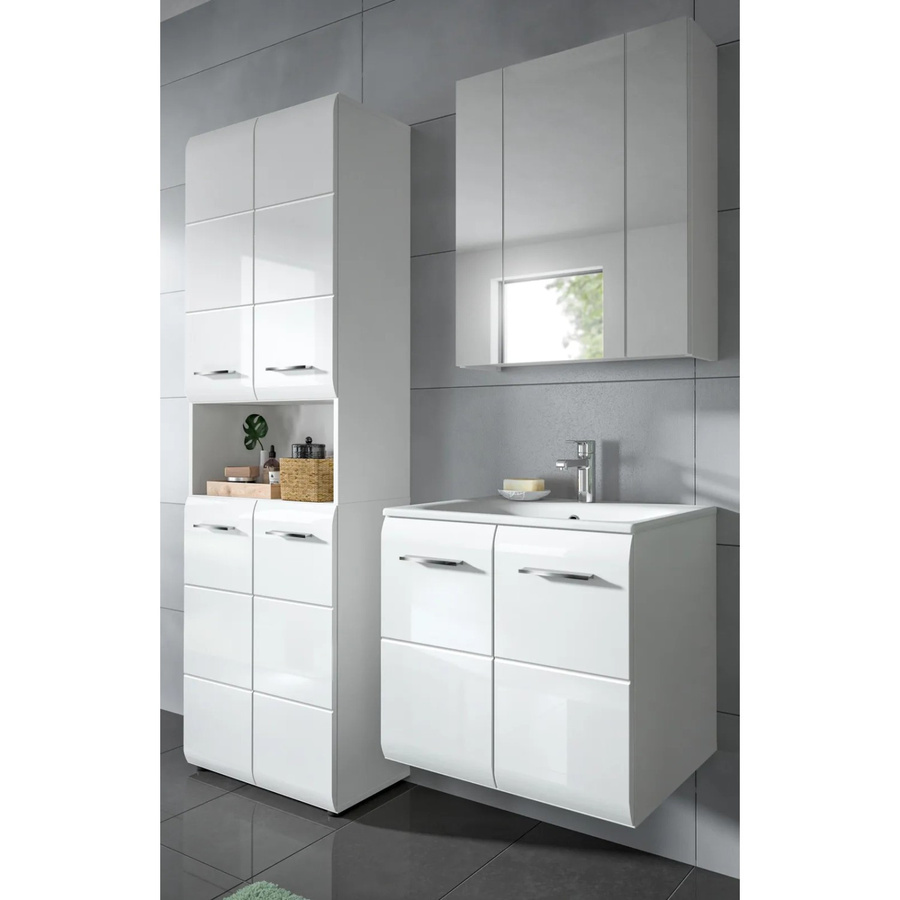 Inn.Furn Badmöbel-Set 3-teilig in Weiß Hochglanz mit Hochschrank, Spiegelschrank und Waschtisch, Breite: 135 cm - Bild 2